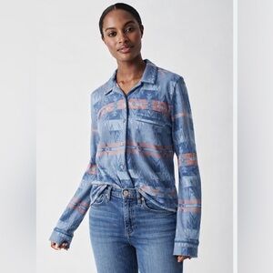 Faherty Top Doug Good Feather Long Sleeve Pajama Shirt in Sunset Star Sz Small